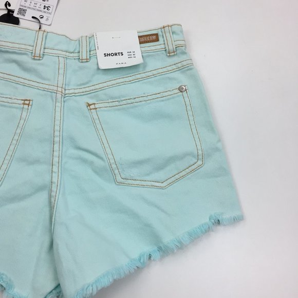 NWT ZARA Mint Green Distressed Raw Edge Hem High Rise Waist Denim Shorts - Picture 10 of 10